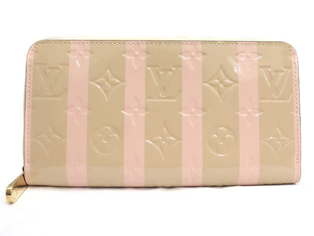 LOUIS VUITTON Zippy Wallet Round Long Vernis Rayures Jeune Beige Cream Pink